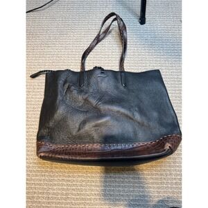 Cole Haan Black Pebbled Leather Tote Bag Brown Croc Embossed Trim Large Carryall